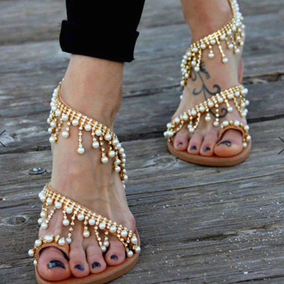 Women's Pearl Embellished Flat Toe-Ring Sandals