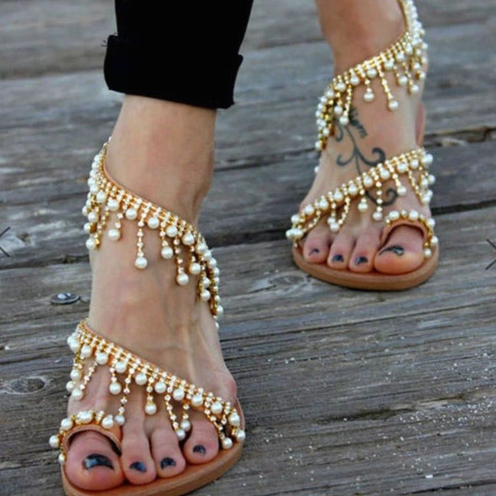 Women's Pearl Embellished Flat Toe-Ring Sandals