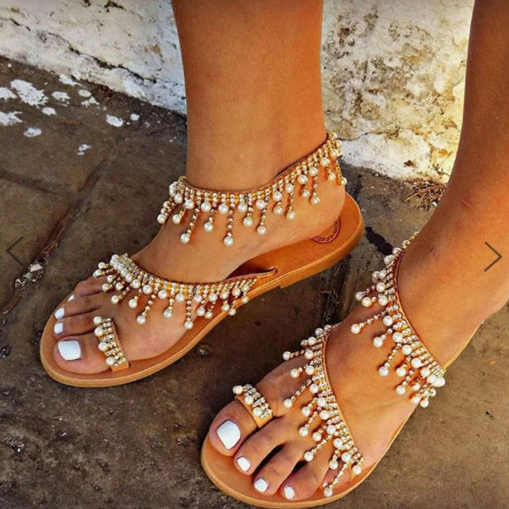 Women's Pearl Embellished Flat Toe-Ring Sandals