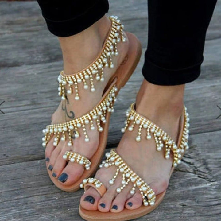 Women's Pearl Embellished Flat Toe-Ring Sandals - Brown