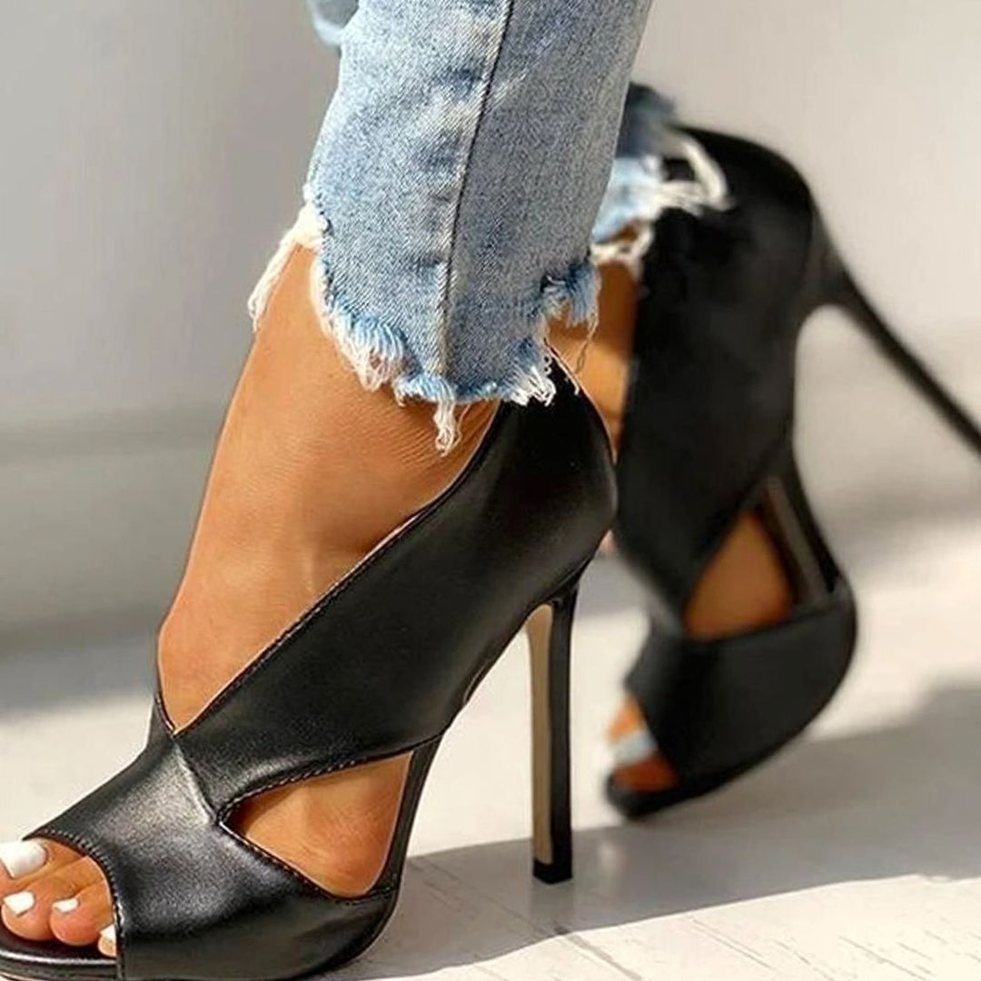 Women's Peep-Toe Cut-Out Stiletto Heeled Sandals - Black