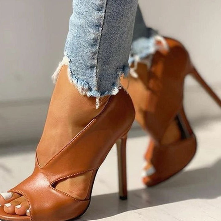Women's Peep-Toe Cut-Out Stiletto Heeled Sandals - Brown