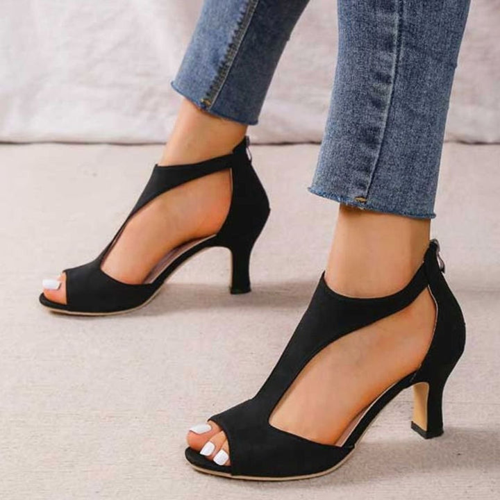 Women's Peep-Toe Nude Block Heeled Sandals Orthopedic Cushioned - Black