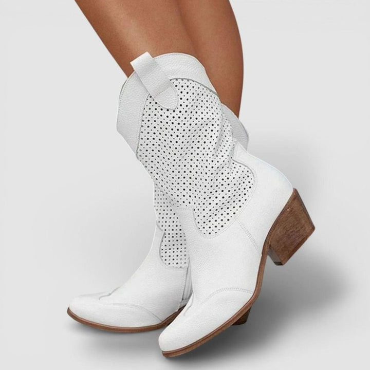 Women's Perforated Block-Heel Side-Zip Mid-Calf Cowboy Boots