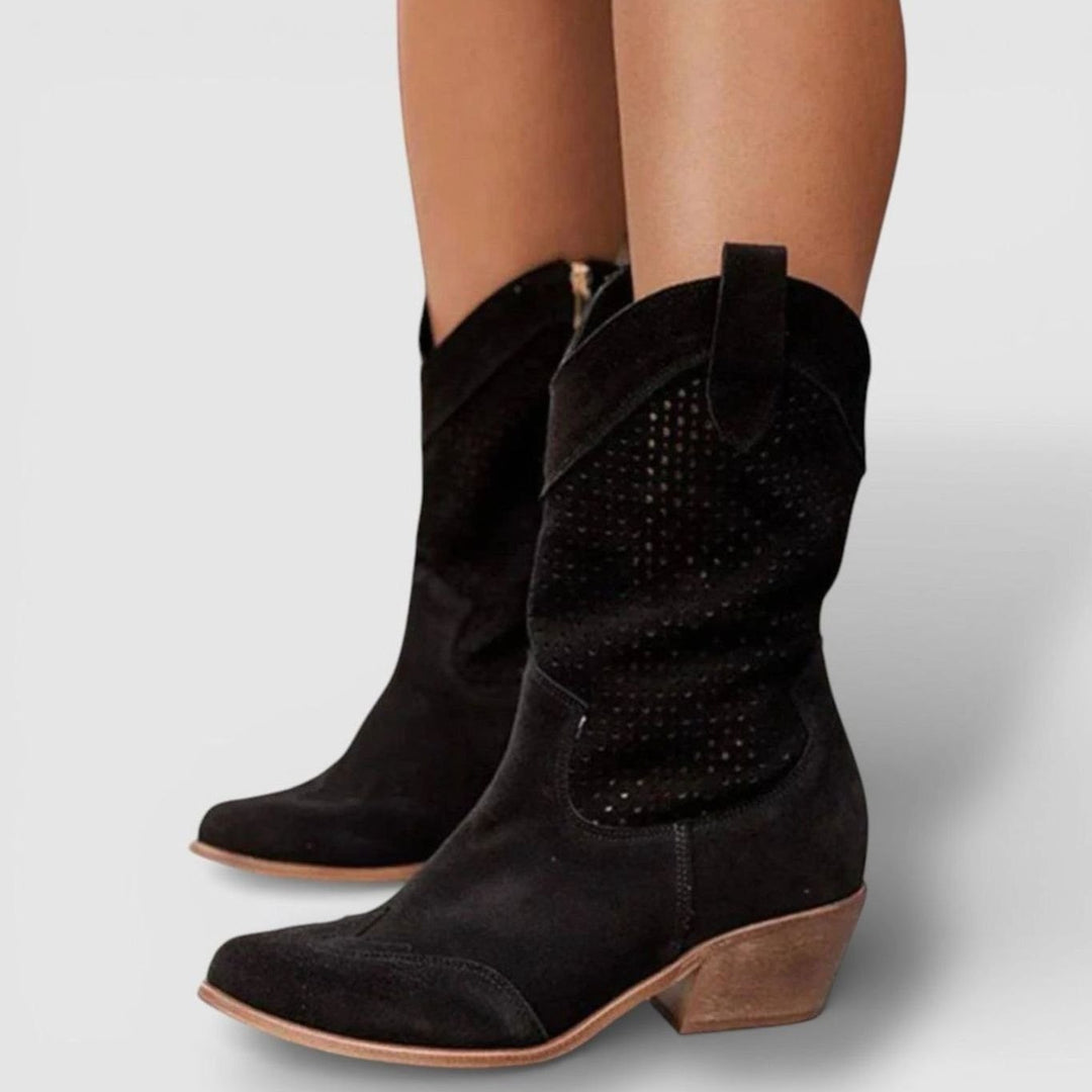 Women's Perforated Block-Heel Side-Zip Mid-Calf Cowboy Boots