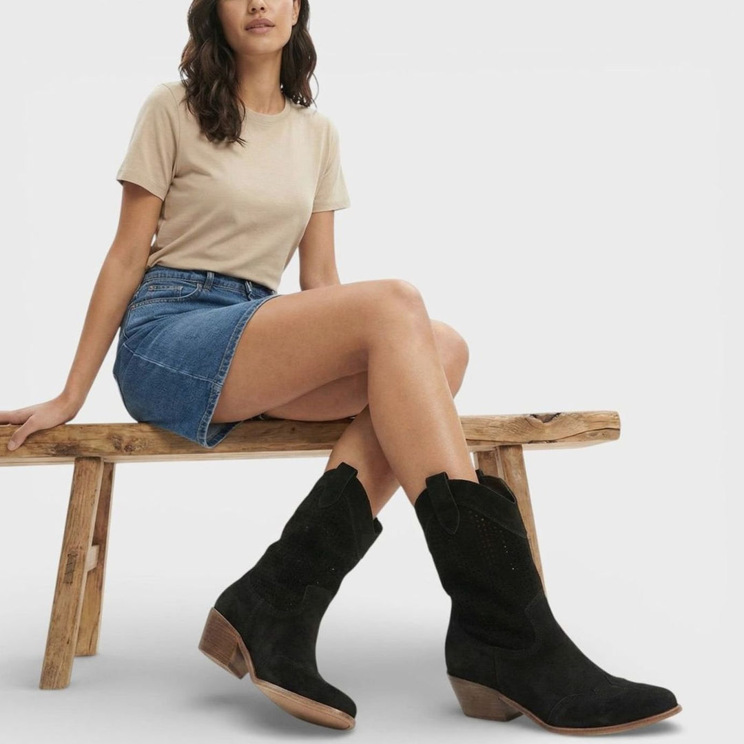 Women's Perforated Block-Heel Side-Zip Mid-Calf Cowboy Boots