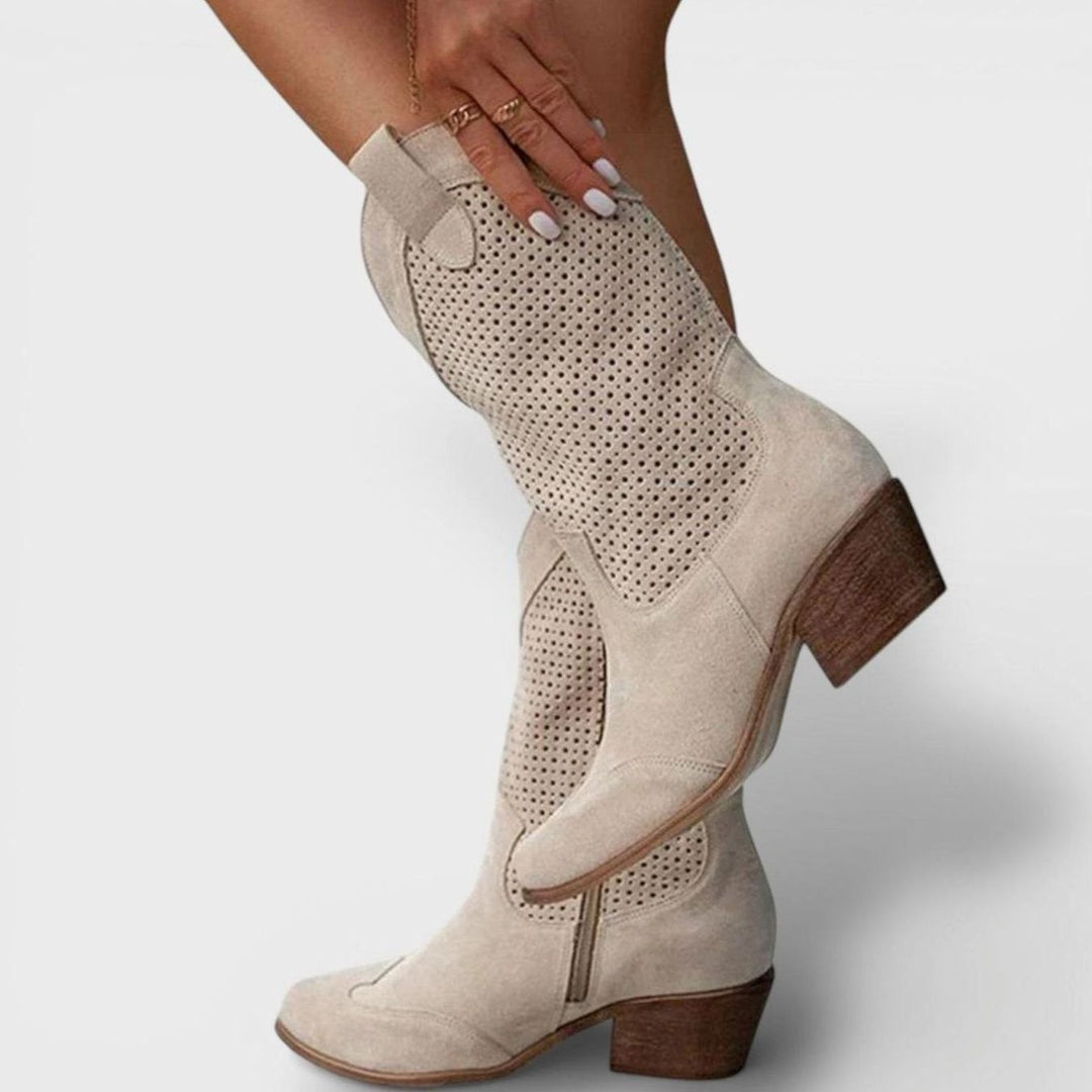 Women's Perforated Block-Heel Side-Zip Mid-Calf Cowboy Boots