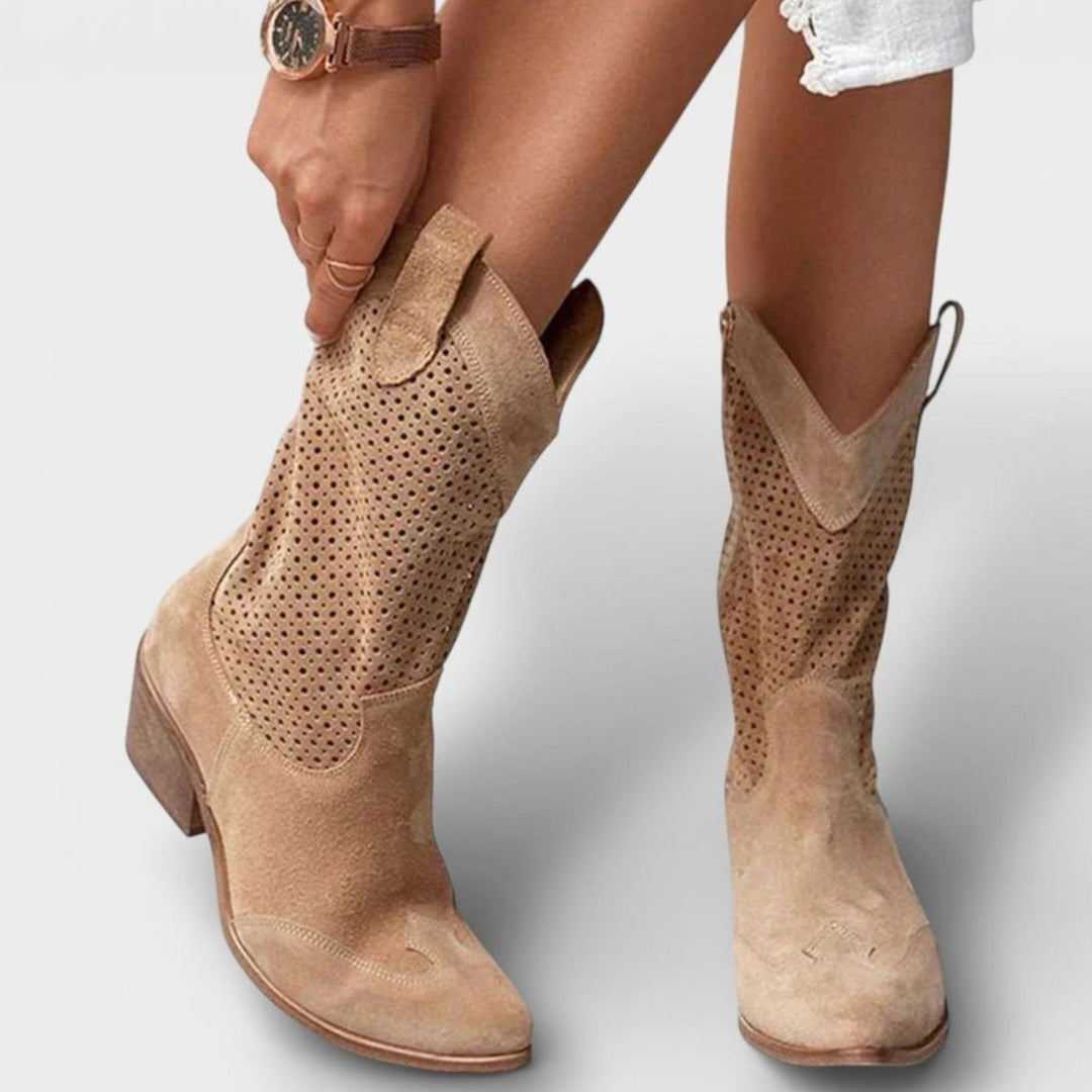 Women's Perforated Block-Heel Side-Zip Mid-Calf Cowboy Boots