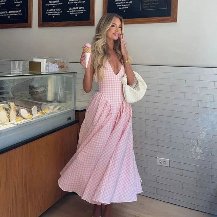 Women's Pink Gingham V-Neck Midi Swing Dress