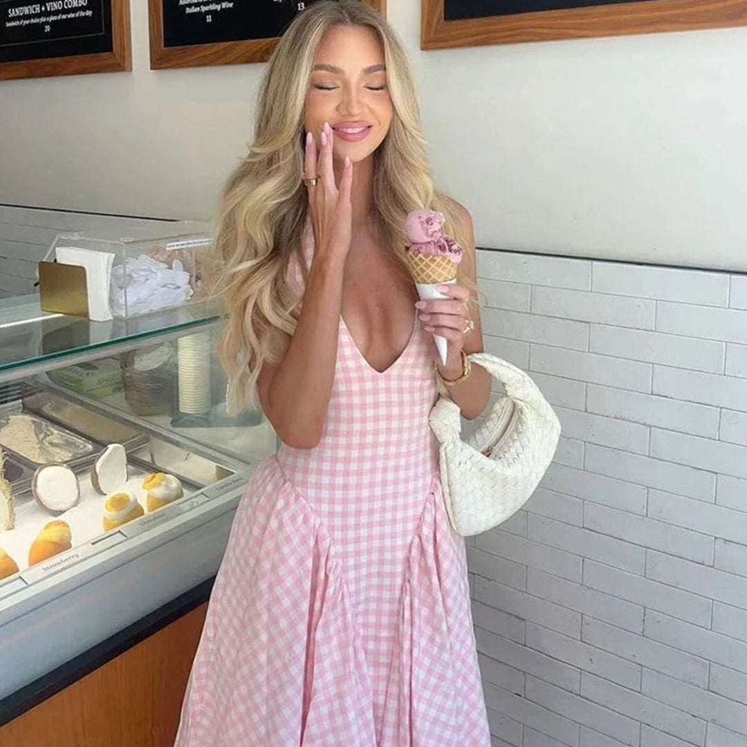 Women's Pink Gingham V-Neck Midi Swing Dress