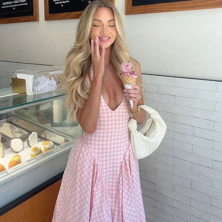 Women's Pink Gingham V-Neck Midi Swing Dress