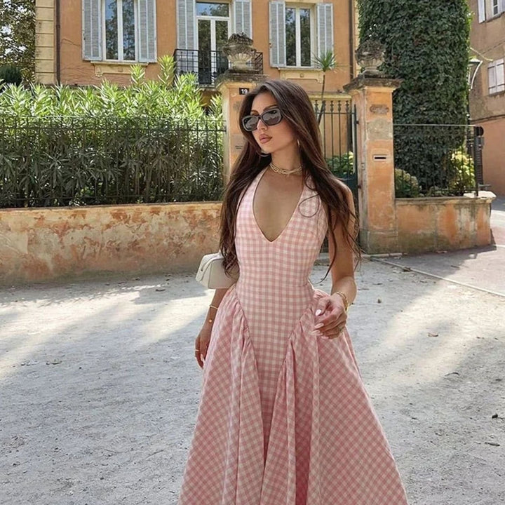 Women's Pink Gingham V-Neck Midi Swing Dress