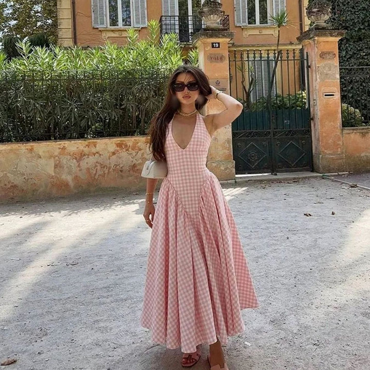 Women's Pink Gingham V-Neck Midi Swing Dress