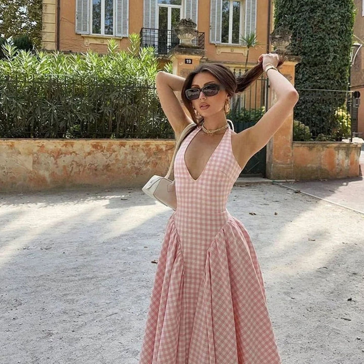 Women's Pink Gingham V-Neck Midi Swing Dress