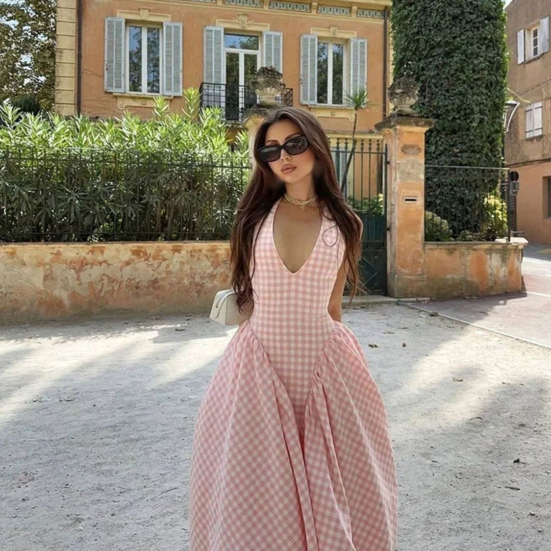 Women's Pink Gingham V-Neck Midi Swing Dress
