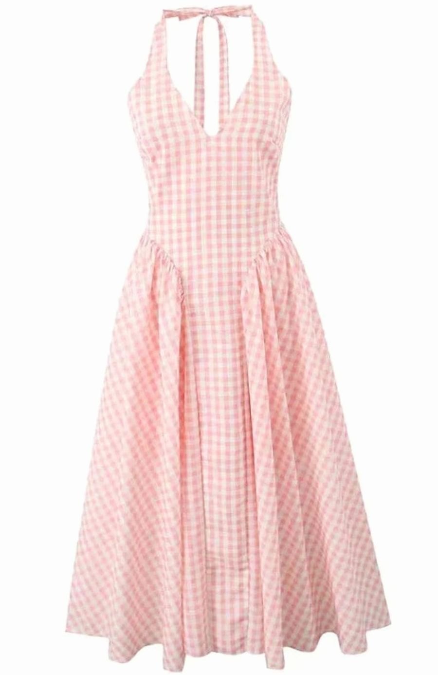 Women's Pink Gingham V-Neck Midi Swing Dress