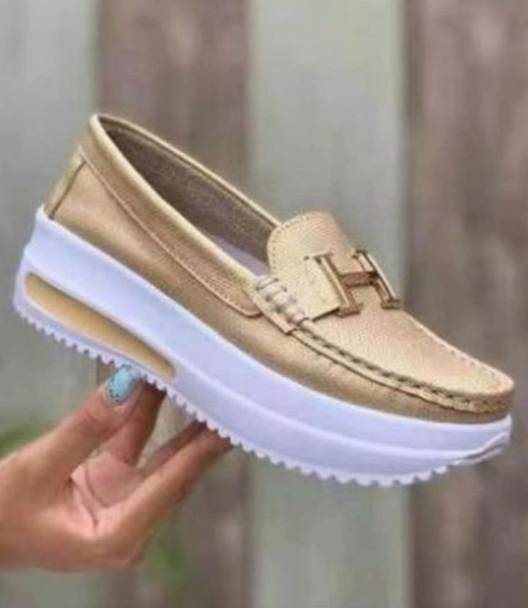 Women's Platform Slip-On Loafers Metal Buckle Detail - Gold