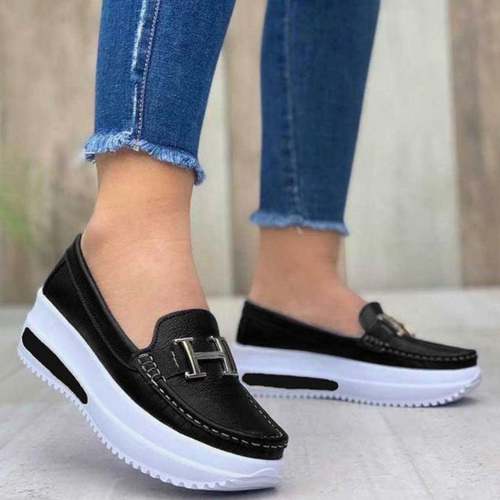 Women's Platform Slip-On Loafers Metal Buckle Detail