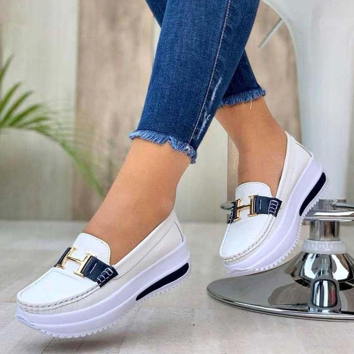 Women's Platform Slip-On Loafers Metal Buckle Detail - White