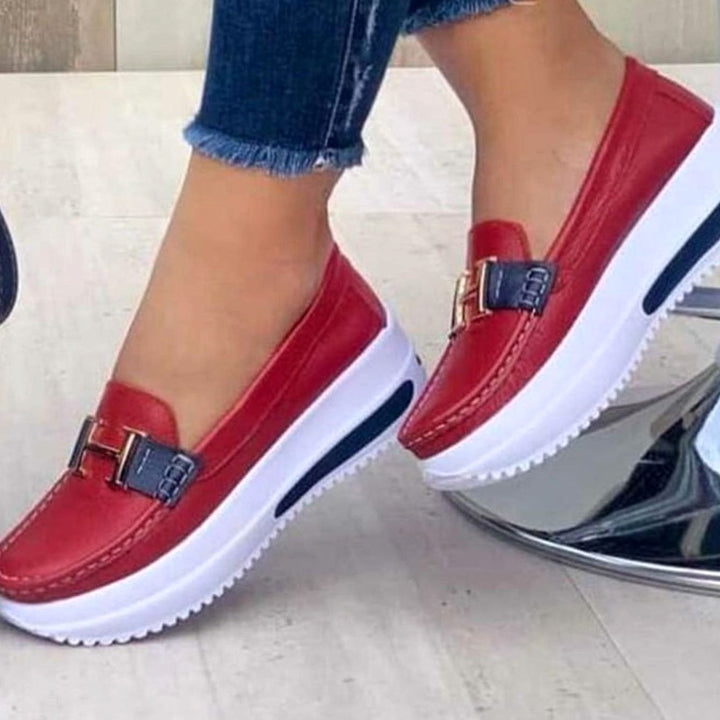 Women's Platform Slip-On Loafers Metal Buckle Detail - Red