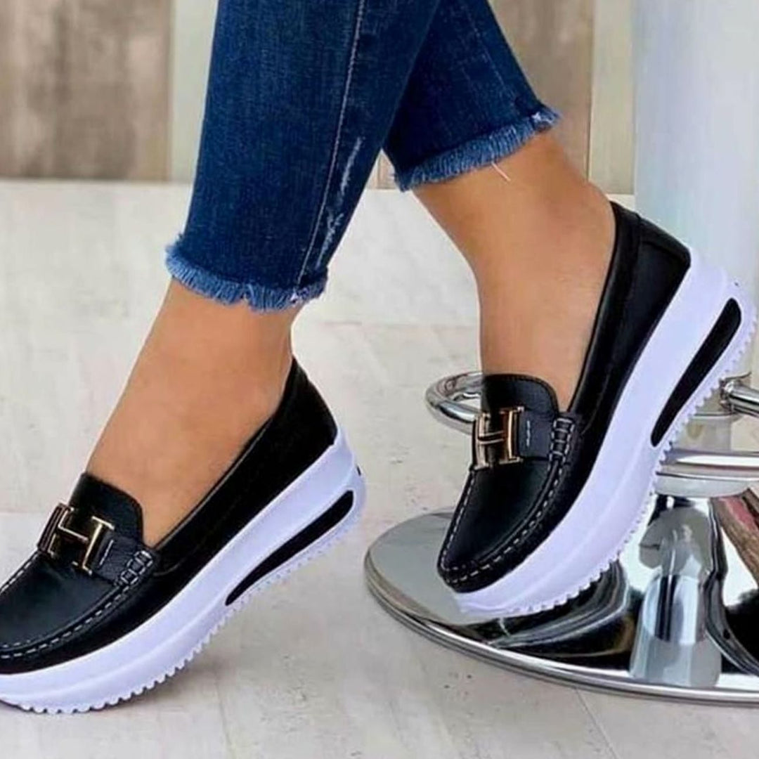 Women's Platform Slip-On Loafers Metal Buckle Detail - Black