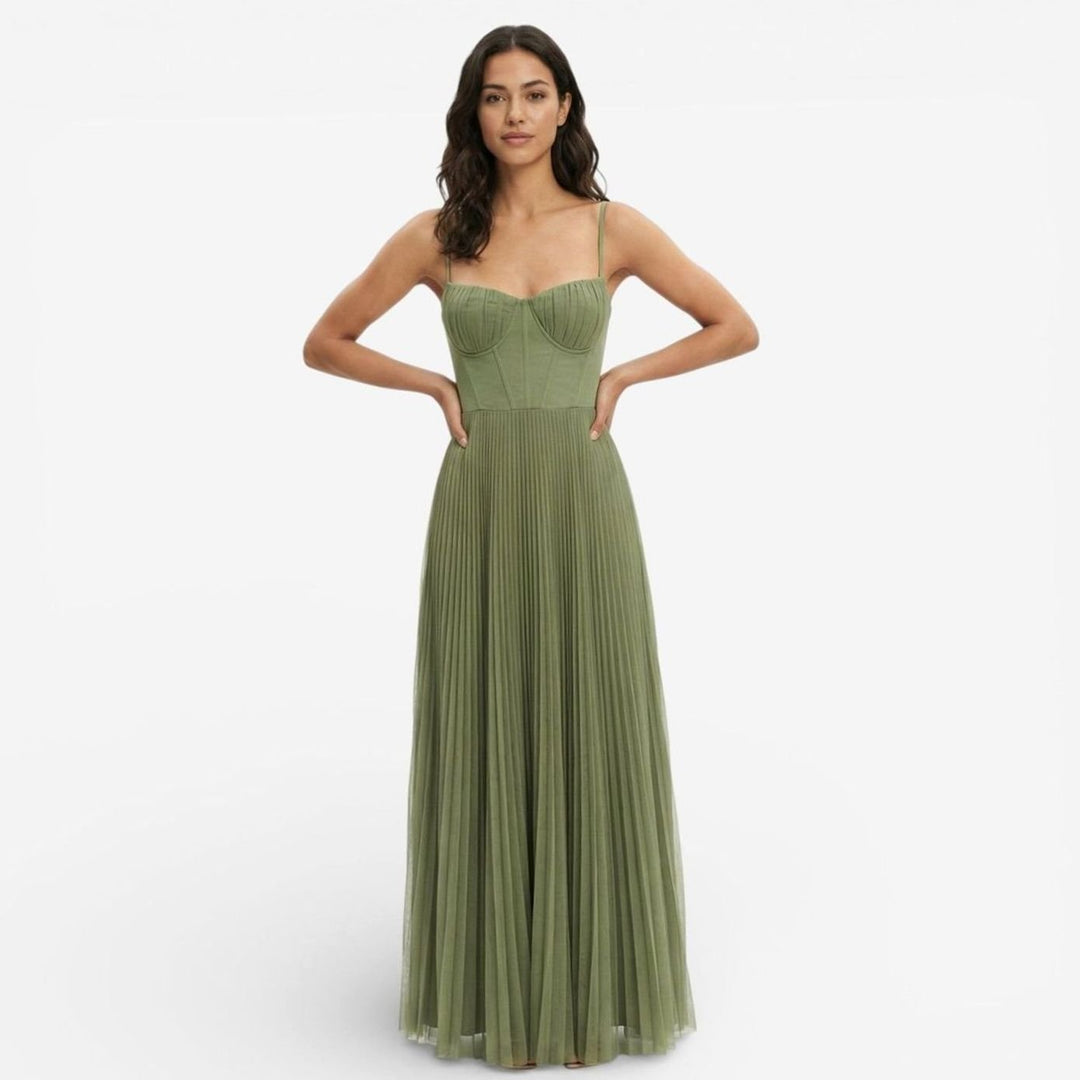 Women's Pleated Corset Bodice Formal Maxi Gown, Olive Green
