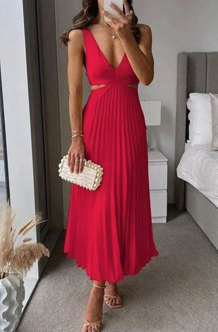 Women's Pleated Cutout V-Neck Sleeveless Midi Party Dress