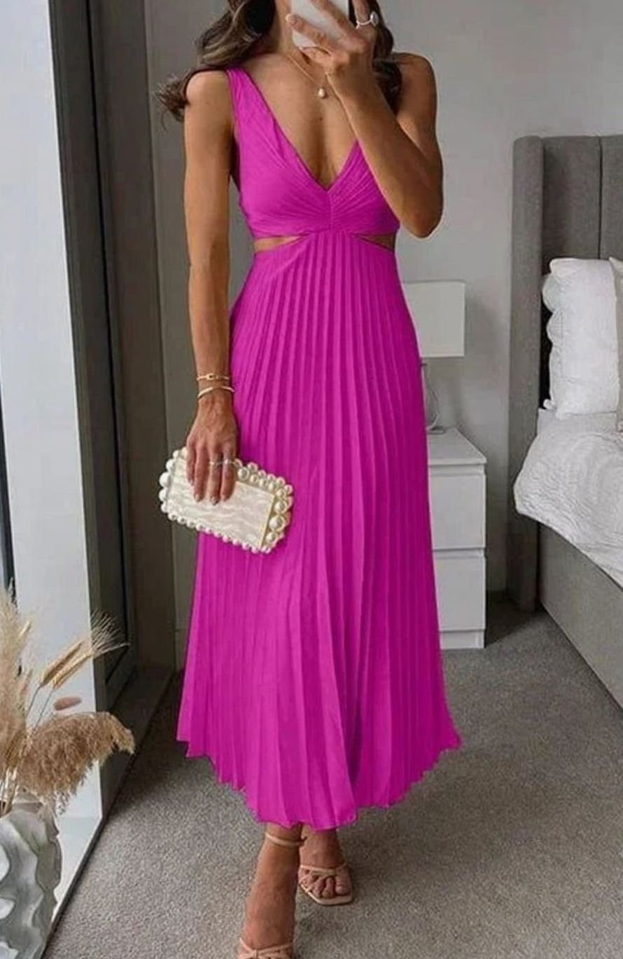 Women's Pleated Cutout V-Neck Sleeveless Midi Party Dress