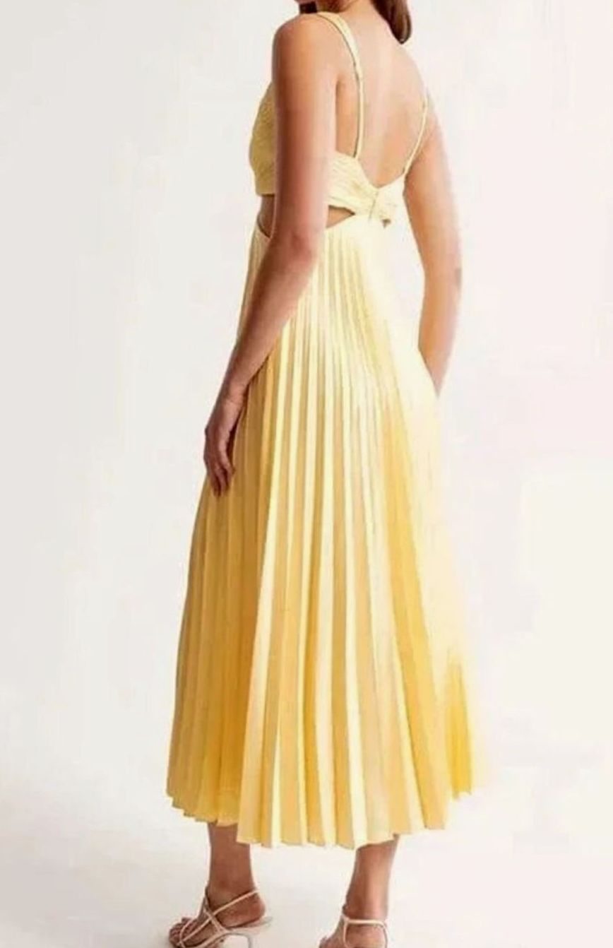 Women's Pleated Cutout V-Neck Sleeveless Midi Party Dress