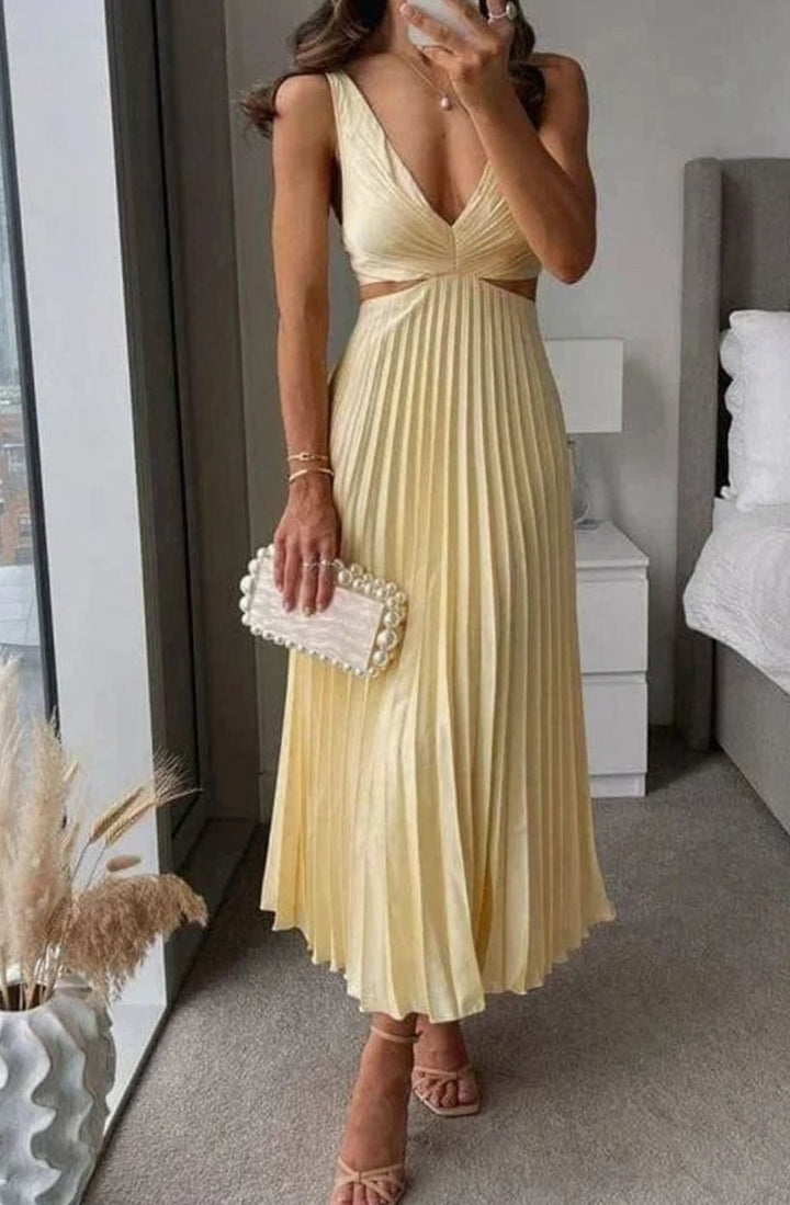 Women's Pleated Cutout V-Neck Sleeveless Midi Party Dress