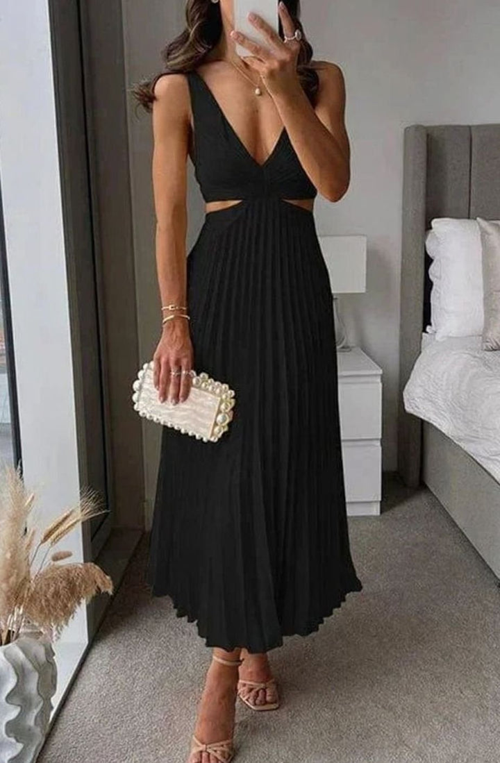 Women's Pleated Cutout V-Neck Sleeveless Midi Party Dress