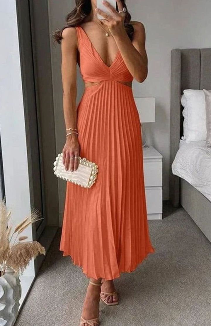 Women's Pleated Cutout V-Neck Sleeveless Midi Party Dress