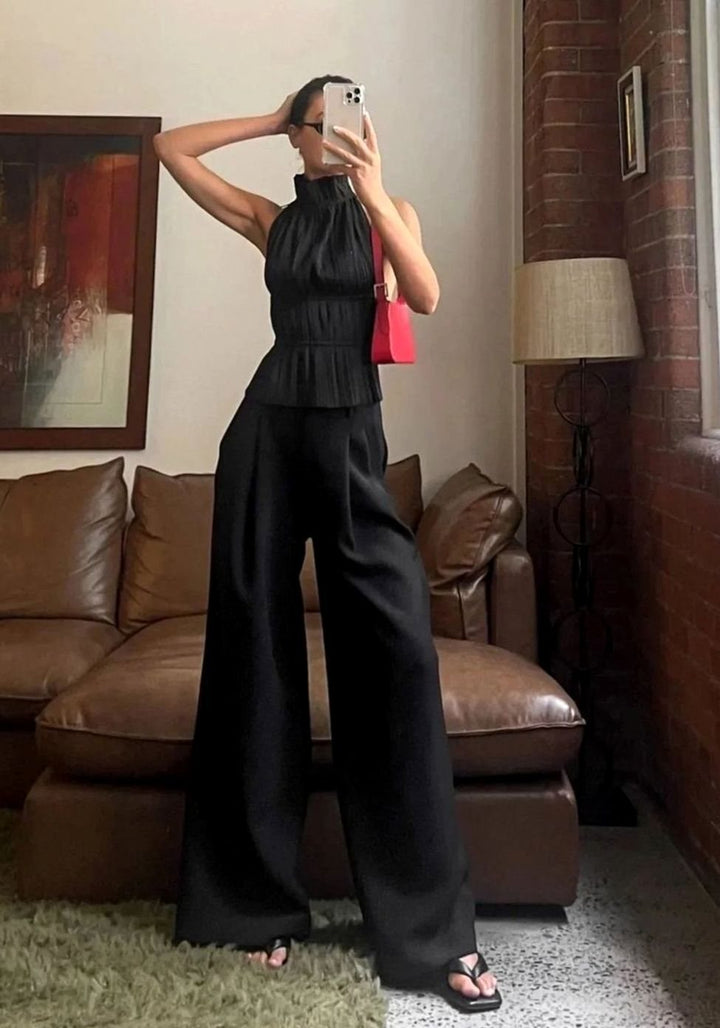 Women's Pleated Roll-Neck Backless Halter Neck Top