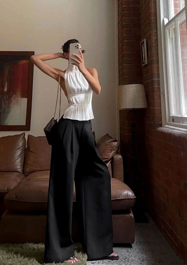 Women's Pleated Roll-Neck Backless Halter Neck Top