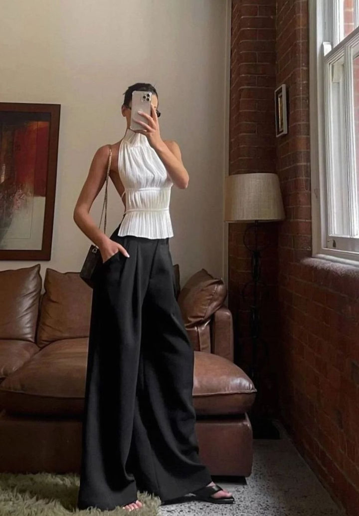 Women's Pleated Roll-Neck Backless Halter Neck Top