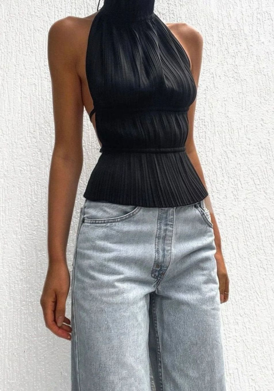 Women's Pleated Roll-Neck Backless Halter Neck Top