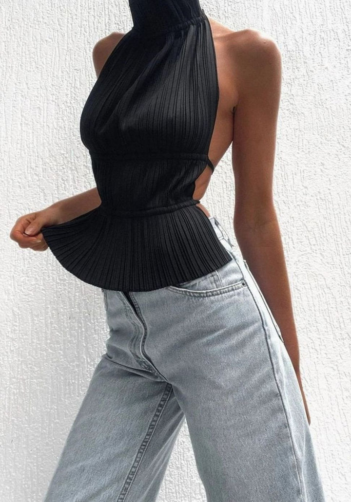 Women's Pleated Roll-Neck Backless Halter Neck Top