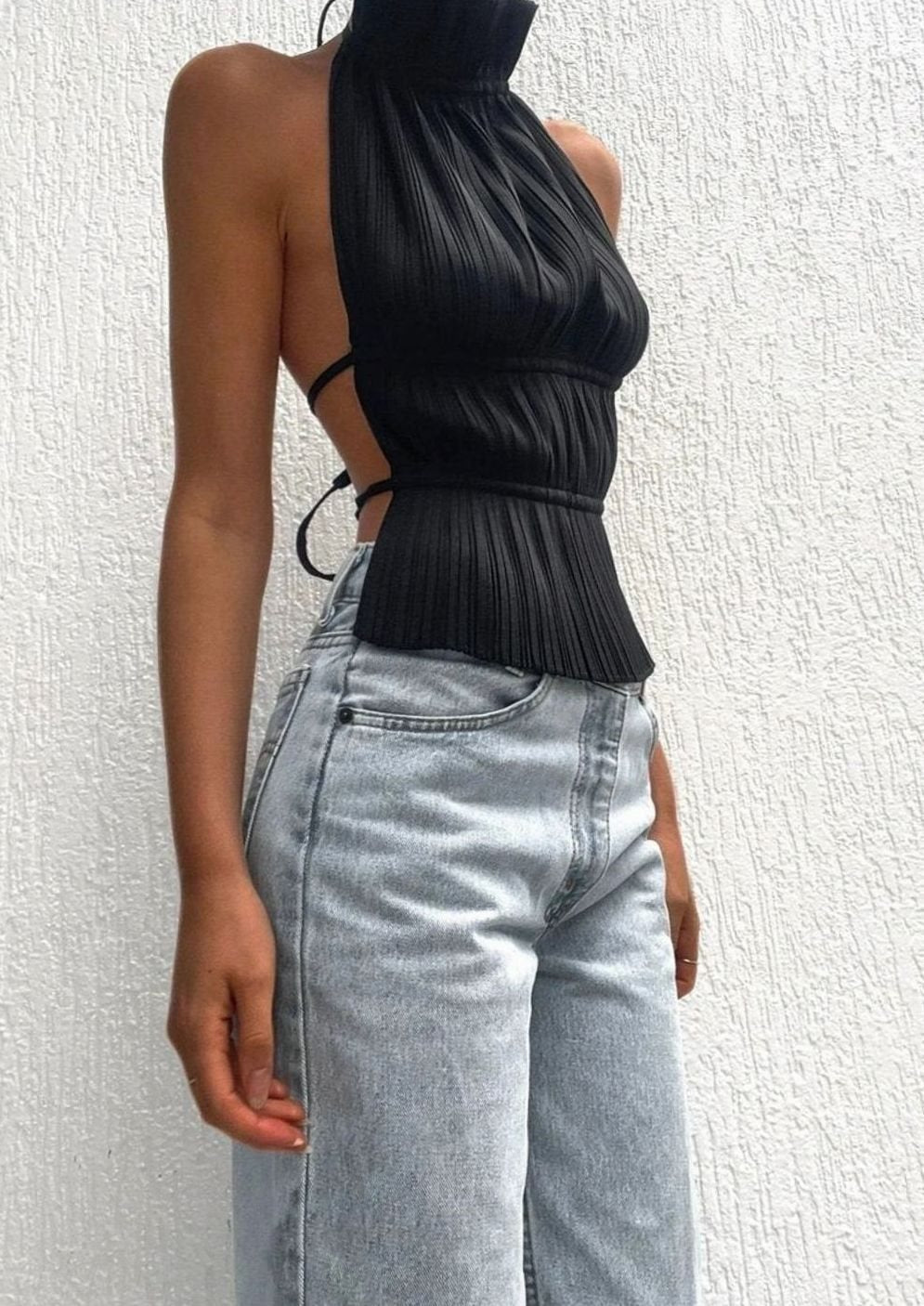 Women's Pleated Roll-Neck Backless Halter Neck Top