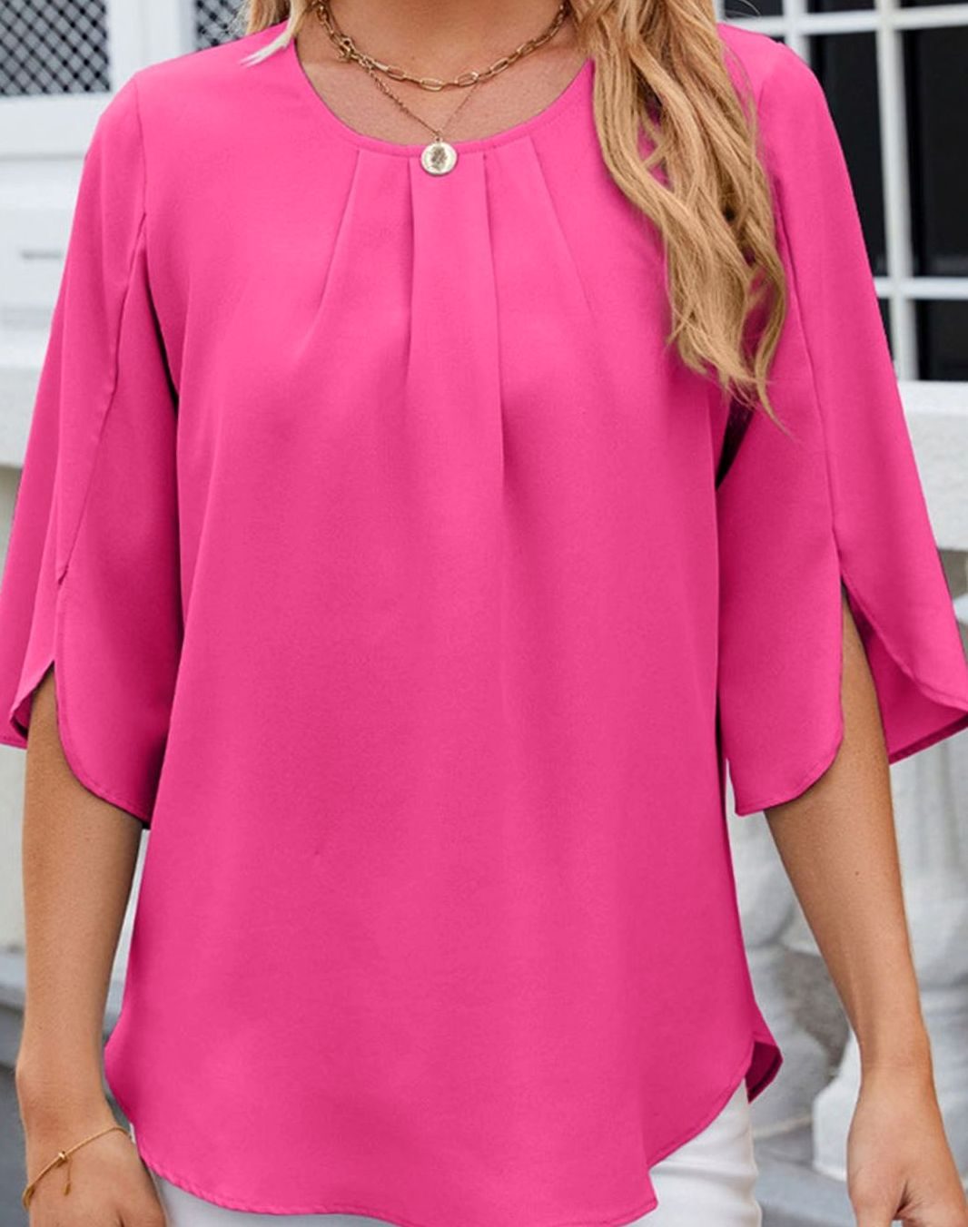 Women's Pleated Round-Neck Half-Sleeve Relaxed Blouse, Hot Pink