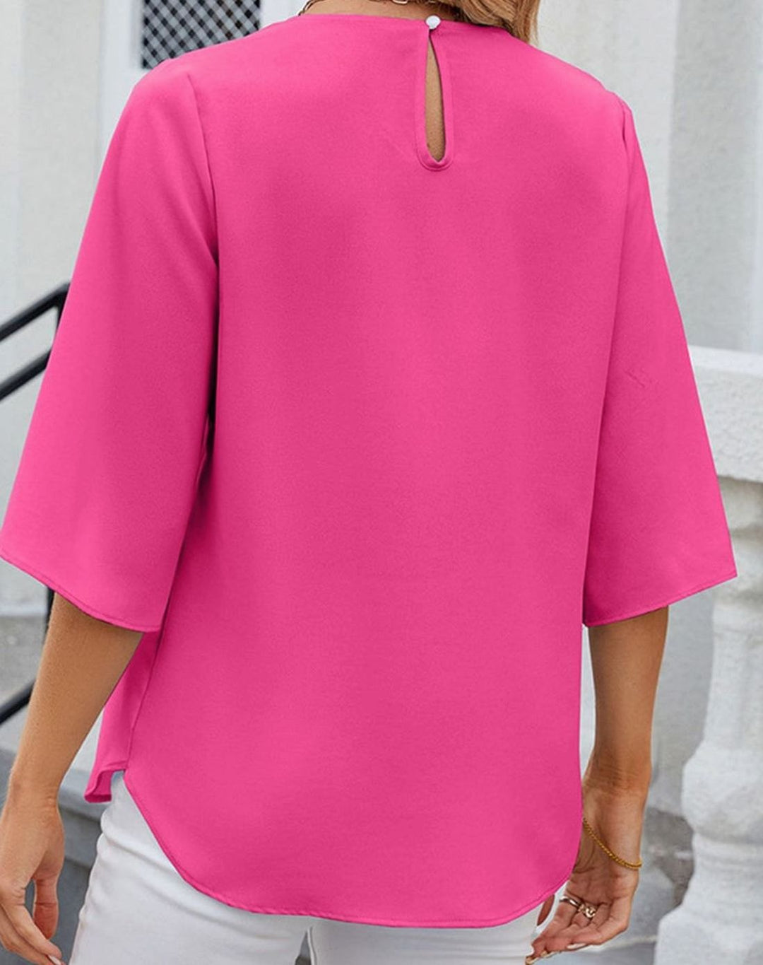 Women's Pleated Round-Neck Half-Sleeve Relaxed Blouse, Hot Pink