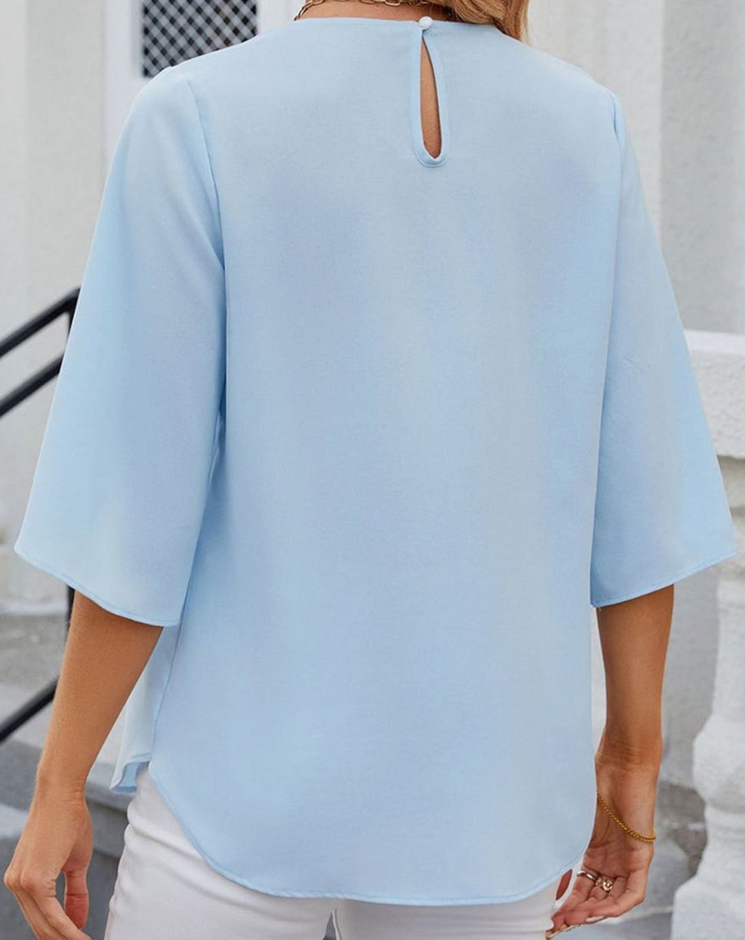 Women's Pleated Round-Neck Half-Sleeve Relaxed Blouse, Hot Pink