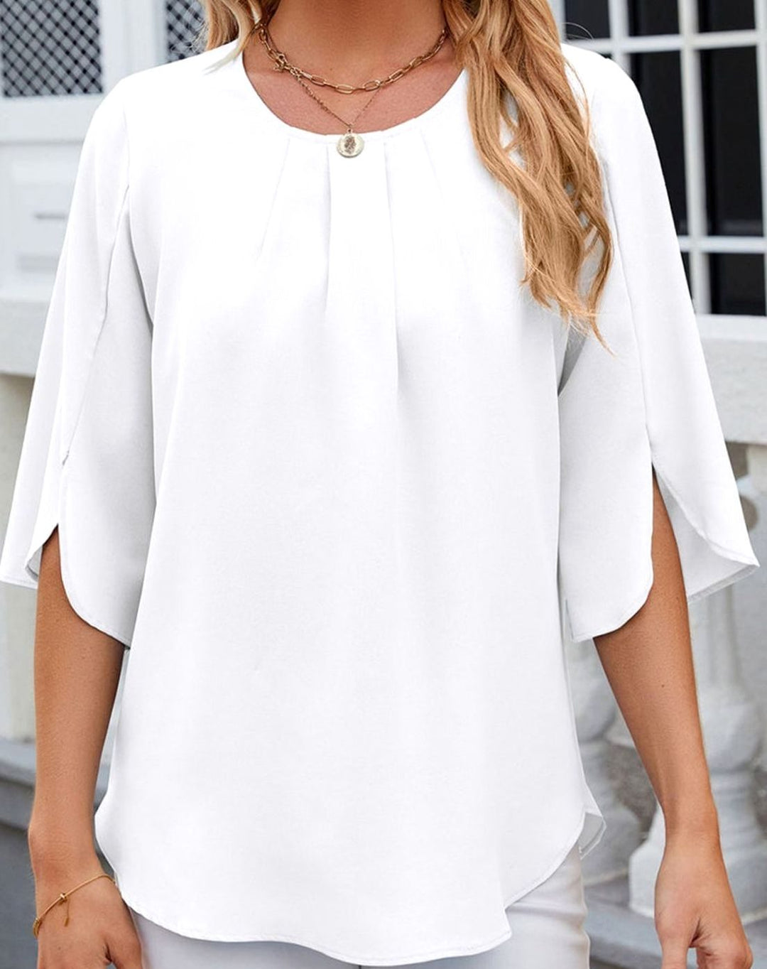 Women's Pleated Round-Neck Half-Sleeve Relaxed Blouse, Hot Pink