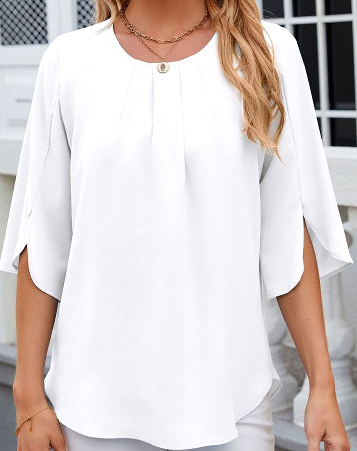 Women's Pleated Round-Neck Half-Sleeve Relaxed Blouse, Hot Pink