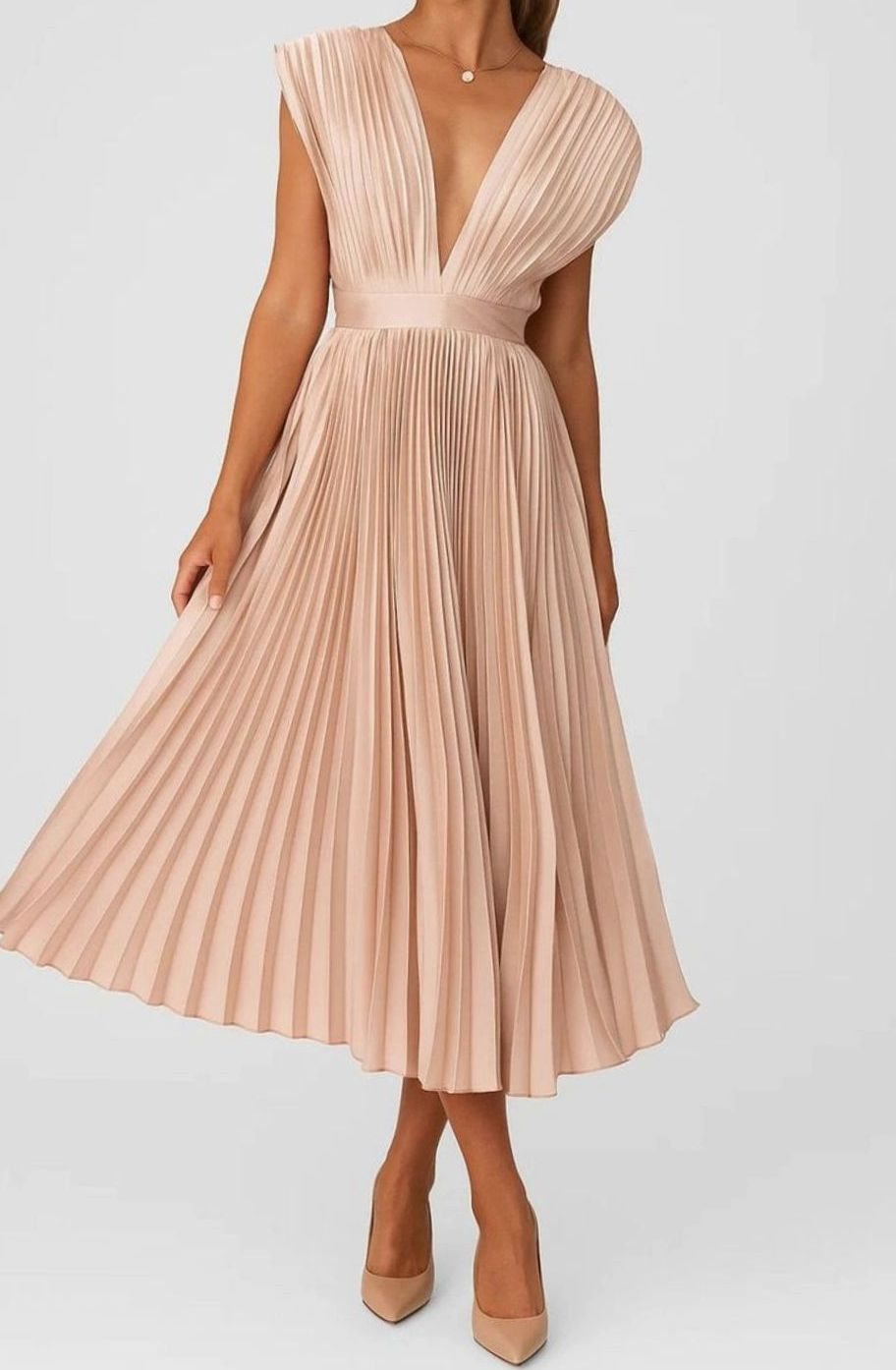 Women's Pleated V-Neck Cap Sleeve Midi Party Dress