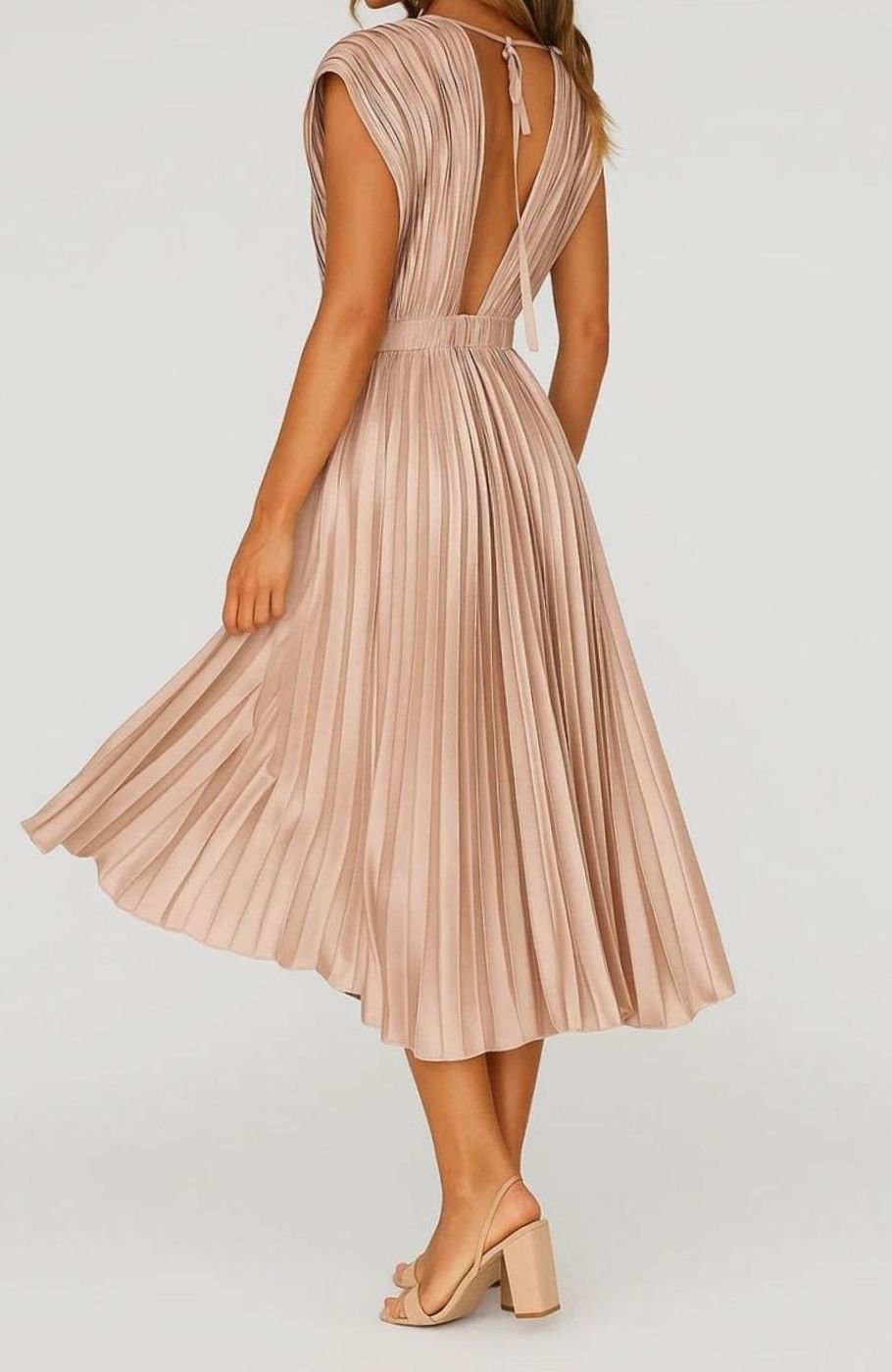Women's Pleated V-Neck Cap Sleeve Midi Party Dress