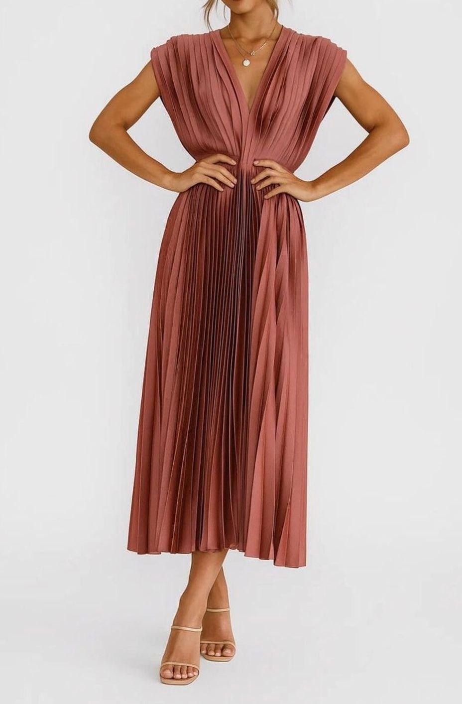 Women's Pleated V-Neck Cap Sleeve Midi Party Dress