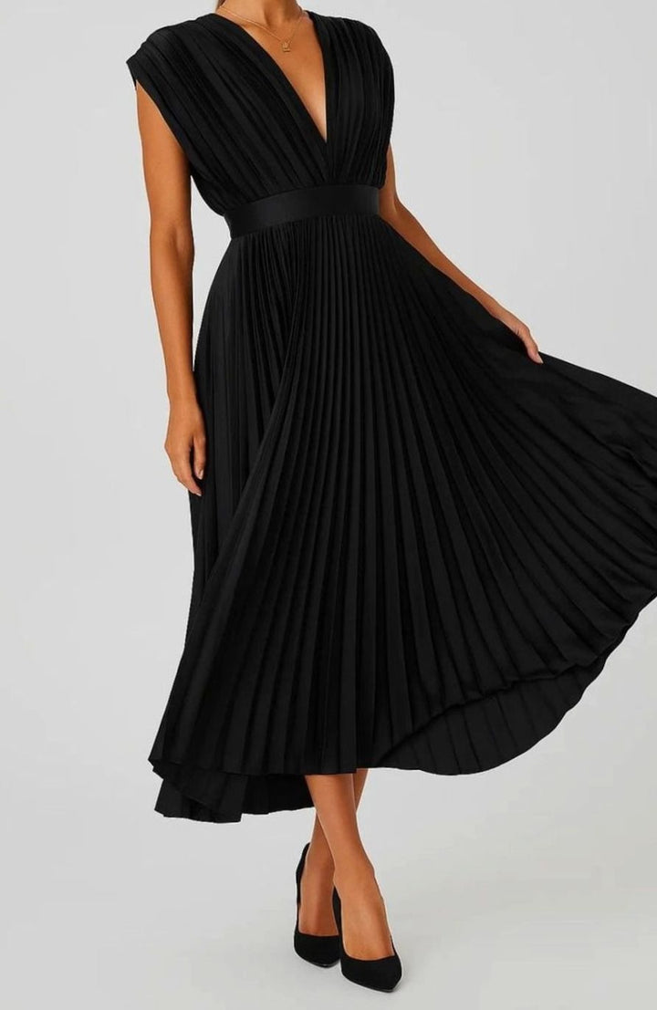 Women's Pleated V-Neck Cap Sleeve Midi Party Dress