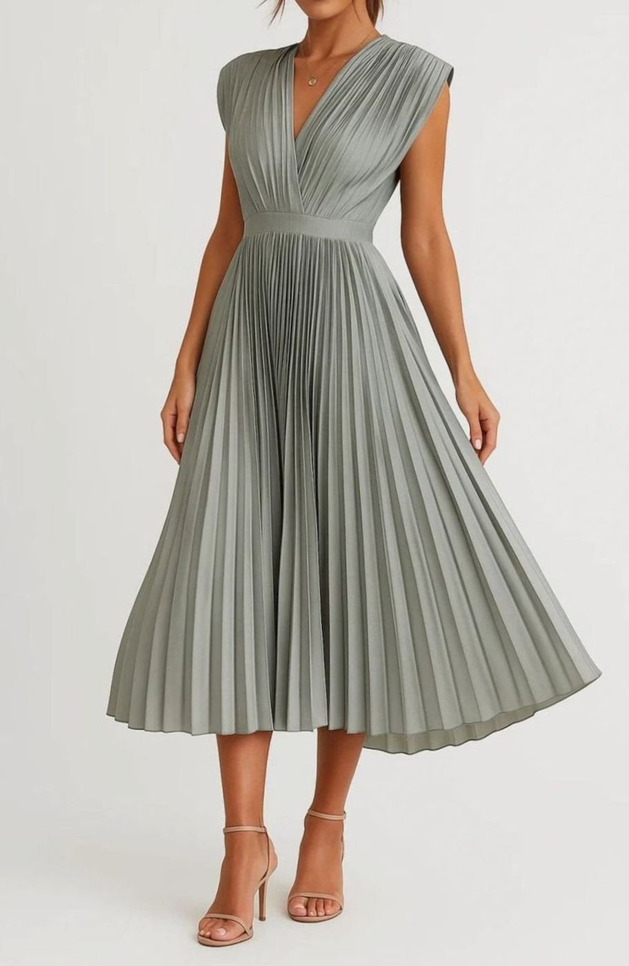 Women's Pleated V-Neck Cap Sleeve Midi Party Dress