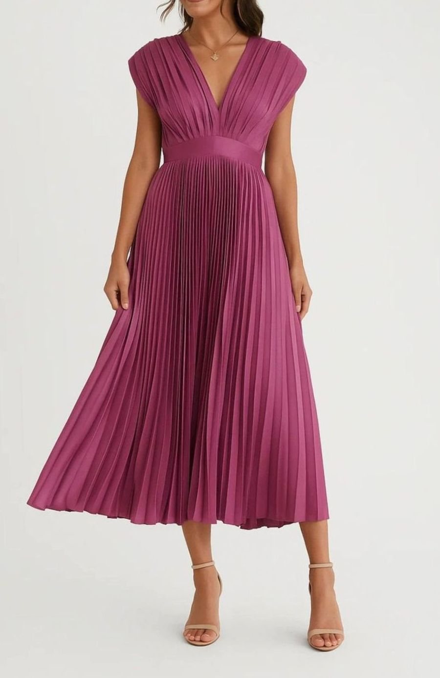 Women's Pleated V-Neck Cap Sleeve Midi Party Dress, Berry Pink