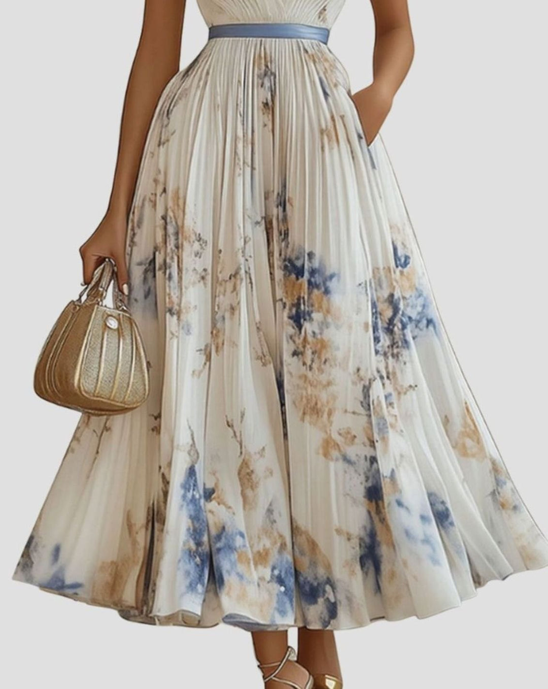 Women's Pleated V-Neck Floral Midi Dress with Pockets